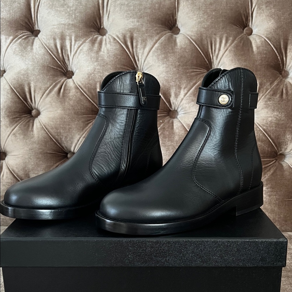 Authentic Chanel Black Leather Ankle Boots